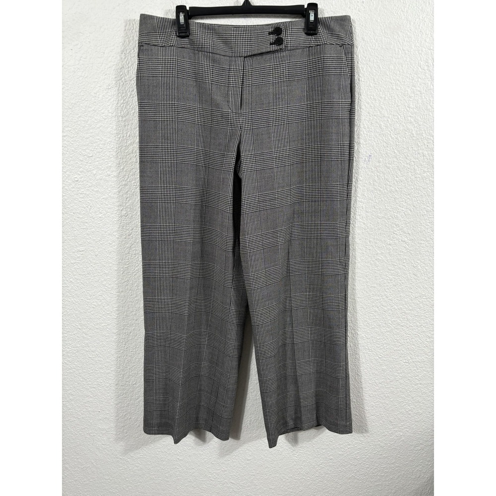 Talbots Dress Pants Womens 14 Black White Plaid Wool Blend Stretch Wide Leg